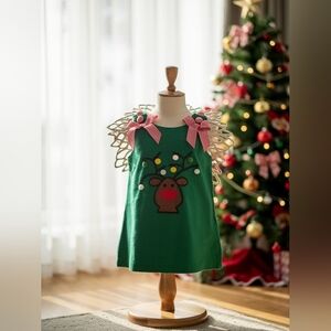 Lil Cactus Festive Green Reindeer Dress with Red Bow Accents Sz 3-6M